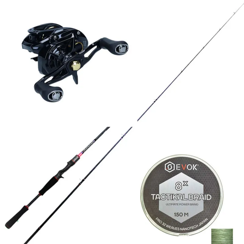 Packs Et Ensembles - PACIFICPECHE Pack Canne Casting Evok Invictus V2 1.96m, 7-21g + Moulinet Daiwa Phantom 100HL + Tresse Evok Tactikal Braid 0.15mm