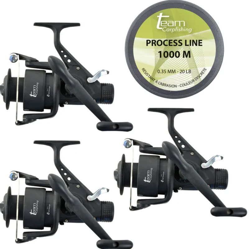Découverte Pêche À La Carpe|Packs - TEAM CARPFISHING Pack 3 Moulinets Dark Water 6000 FS Debrayable + 1000m de 0.35mm