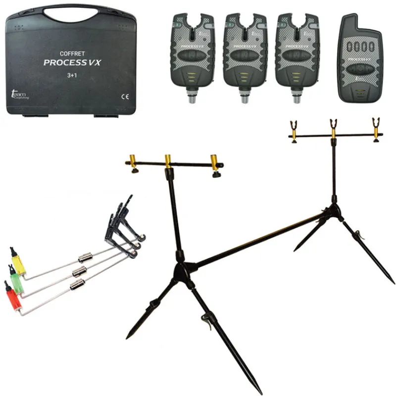 Supports Cannes|Packs - TEAM CARPFISHING Pack Repose canne 3 Détecteurs Process VX + Centrale + 3 Dropper + Rodpod 3 cannes